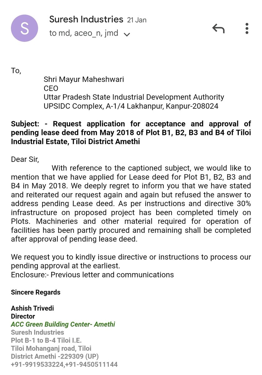 AshishTiloi's tweet photo. @NandiGuptaBJP @TOIIndiaNews @TOILucknow @UPGovt @noida_authority @OfficialGNIDA @AmitShah @BJP4UP @myogiadityanath @narendramodi @shailveesTOI @_InvestUP @PiyushGoyal I want to invest in white industry, opportunity for creating value and job. But unfortunately struggling with UPSIDC approval. My approval is pending from 2018. Written as many letters possible, still looking for an answers. Hope this shall addressed. https://t.co/xKTEzcUKx1