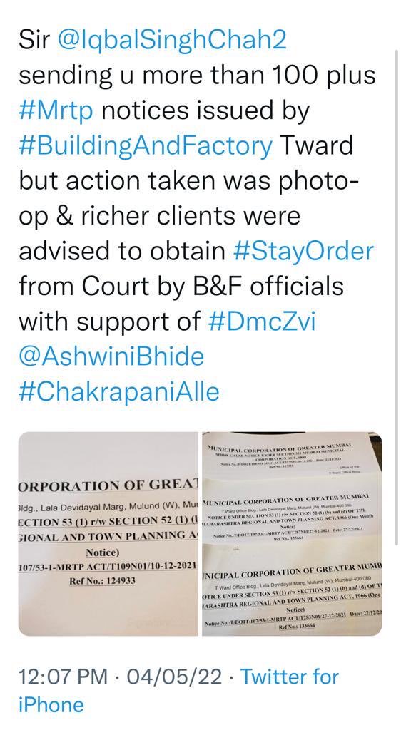 jskeshriya's tweet photo. Sir @IqbalSinghChah2 had sent u more than 100 #Mrtp copies on 4-5-22 #Tward #B&F dept. #CorruptionAndNexus issue, Will #DmcZvi take any action ? Or rich clientele are advised to approach #Courts for stay @AshwiniBhide @MCGM_BMC Pls take action ASAP https://t.co/vRVSisNGsV
