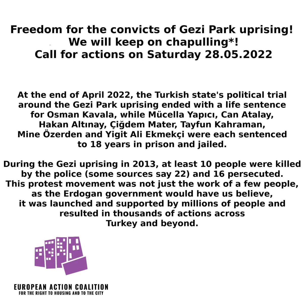 4HousingandCity's tweet photo. 📢Our call for actions in #solidarity with the convicts of the #GeziPark uprising! (Text added as description)
#freethegeziparkconvicted
#keeponchapulling
#downwitherdogan https://t.co/hfyP9Z3DKf