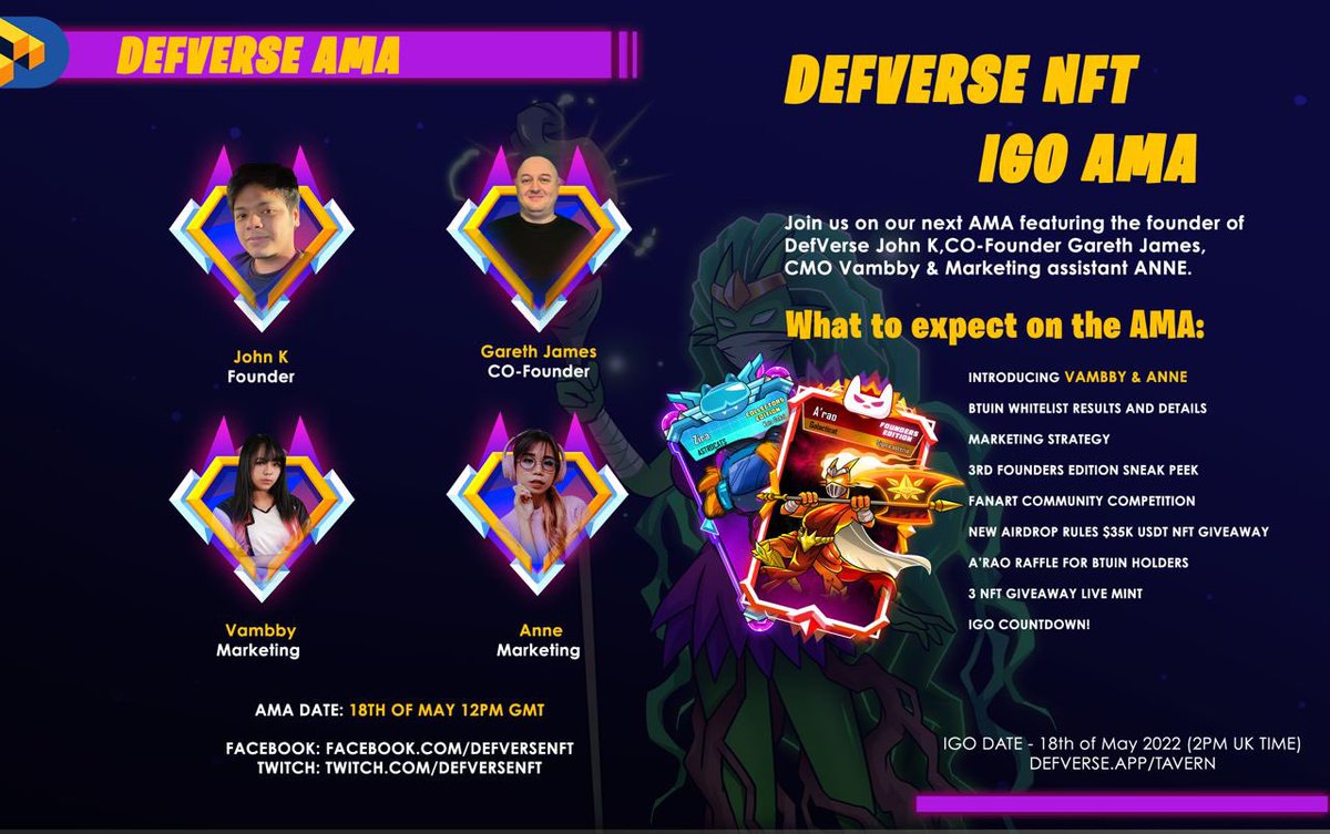 Проверить нас. Сегодня у нас была AMA, и наш IGO также сегодня в 15:00 по британскому времени. 😎Скоро появится монетный двор - defverse.app/tavern#NFT #NFTCollection #NFTdrop #NFTCommumity  mobile.twitter.com/defversenft/st…