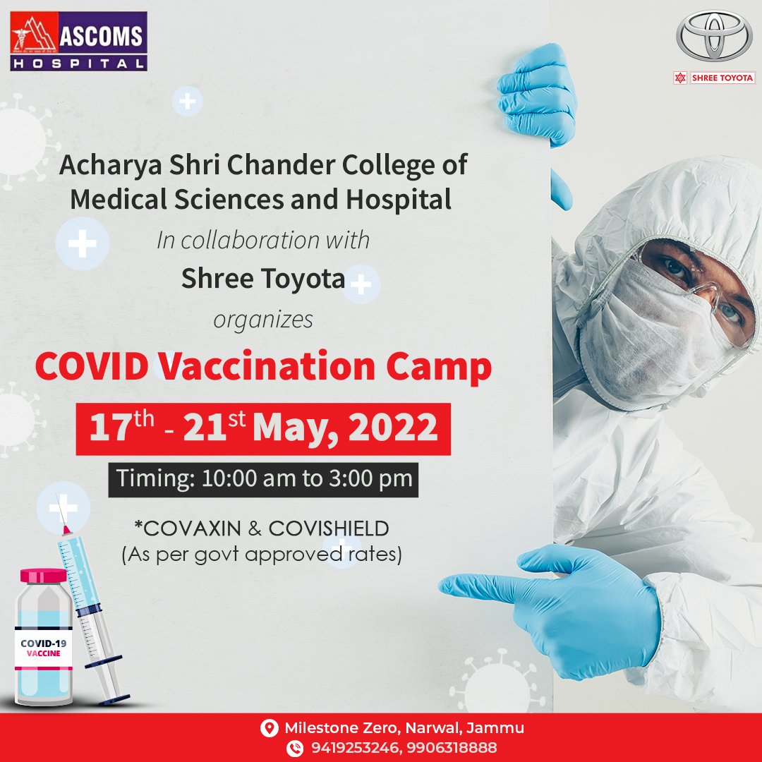ShreeToyotaJmu's tweet photo. Vaccinations must continue.
@AscomsHospital in collaboration with @ShreeToyotaJmu is organising a COVID Vaccination Camp from 17th to 21st May, 2022.
For details, contact:
9419253246, 990631888
#ShreeToyota
#ASCOMS
#Jammu
#COVID19
#COVAXIN
#COVISHIELD https://t.co/zbyWaBn2a0