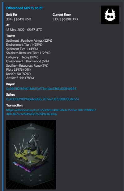 Imperor42's tweet photo. Demo Discord sales bot look- tracking Otherdeeds by @OthersideMeta (sales, listings, and daily stats updates w/ trait rarities)!

(Available for other collections, and the Discord counterpart to the Twitter bot at @EthImperor)

#nftcommunity #OpenSeaMarket #OtherdeedforOtherside https://t.co/FdblOuvQbS