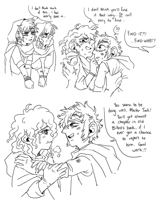 merry and pippin's very terrible very scary and no fun solo adventure. pippin is the clever little hero
(the gash on merry's forehead is noted to become a scar so now i just gotta draw him with that forever) 