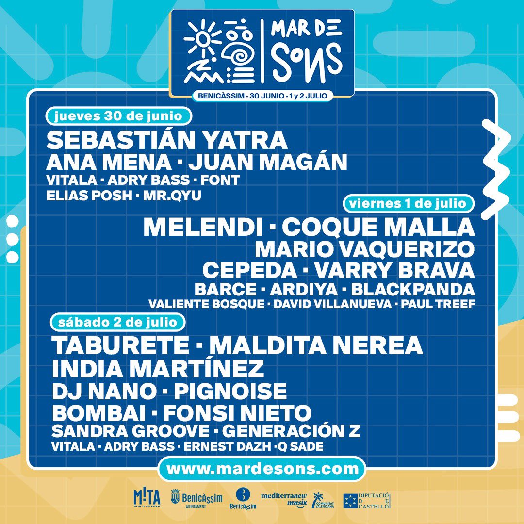 TonyAguilarOfi's tweet image. Este es el cartel por días de @MardeSons_ Del 30 de junio al 2 de julio en @AytoBenicassim.

3 días, 3 escenarios y más de 30 horas de conciertos y sesiones DJs!!!

Abonos 65€, Entradas de día 40€ en mardesons.com/events