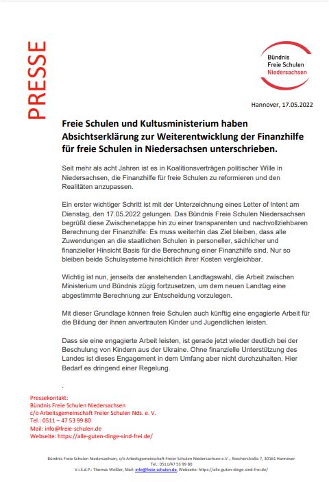 Freie Schulen und Kultusministerium unterschreiben Absichtserklärung zur Weiterentwicklung der Finanzhilfe. Das Bündnis Freie Schulen Niedersachsen begrüßt diese Zwischenetappe hin zu einer transparenten und nachvollziehbaren 
Berechnung der Finanzhilfe für freie Schulen.