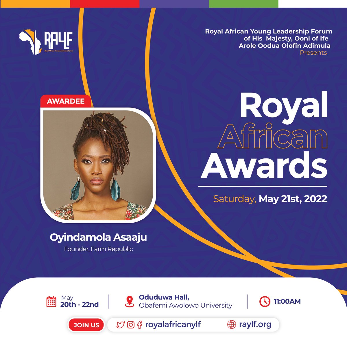 I'm honored to be an awardee of the Royal African Awards. I'm now an award winning woman in #agriculture so talk to me nice 🤩. THANK YOU to His Imperial Majesty, the <a href="/OoniAdimulaIfe/">Ooni Enitan Ogunwusi</a> and <a href="/RoyalAfricanYLF/">Royal African Young Leadership Forum</a> for this recognition.

#royalafricanawards #RAYLFAwards2022