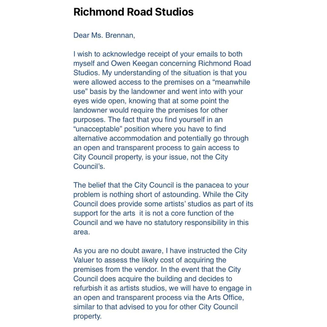 Staggering levels of patronising arrogance in this 'go f*ck yourself' letter from unelected permanent  ideologues at Dublin City Council to Richmond Road Studios. 

DCC motto? "Obedientia Civium Urbis Felicitas"

"The Obedience of the citizens produces a happy city"