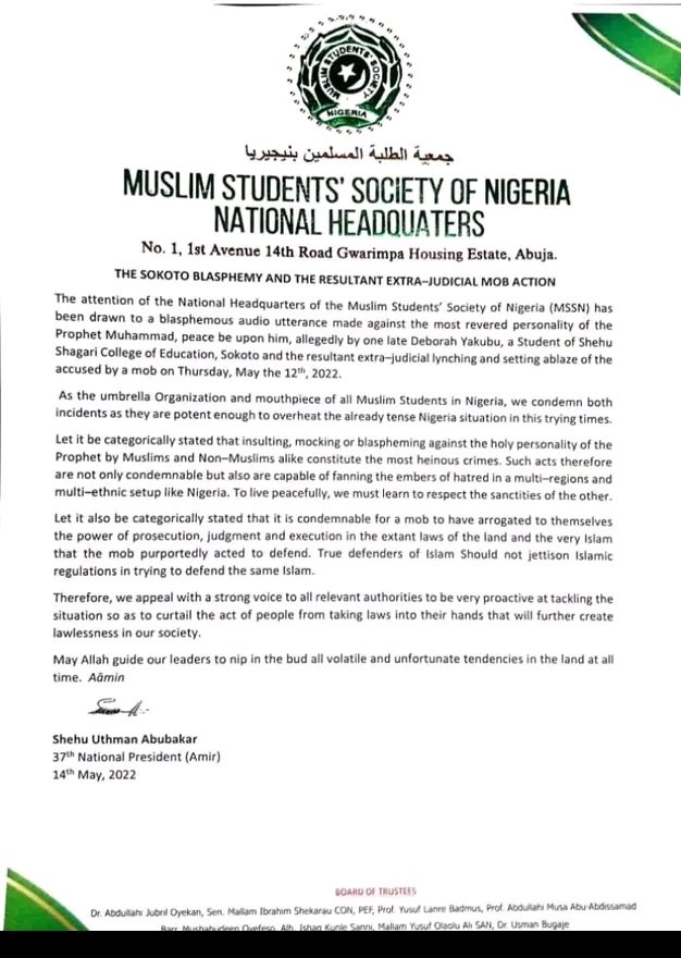 Press Release of MSSN on d trending blasphemy.