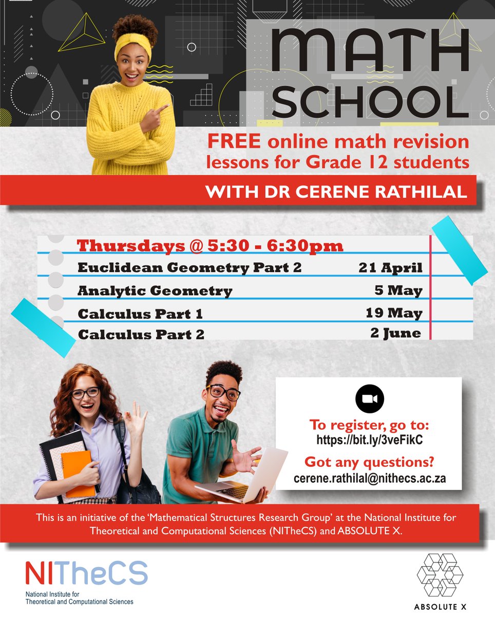NITheCS's tweet photo. Reminder - Math School - Free revision lessons for grade 12s by Dr Cerene Rathilal. Tomorrow's lesson at 17h30 is on Calculus (part 1). Please share with your community.  https://t.co/bdgSRrDqZw. #mathematics #mathsrevision #grade12 #geometry #nithecs https://t.co/zw1SXgJOsL