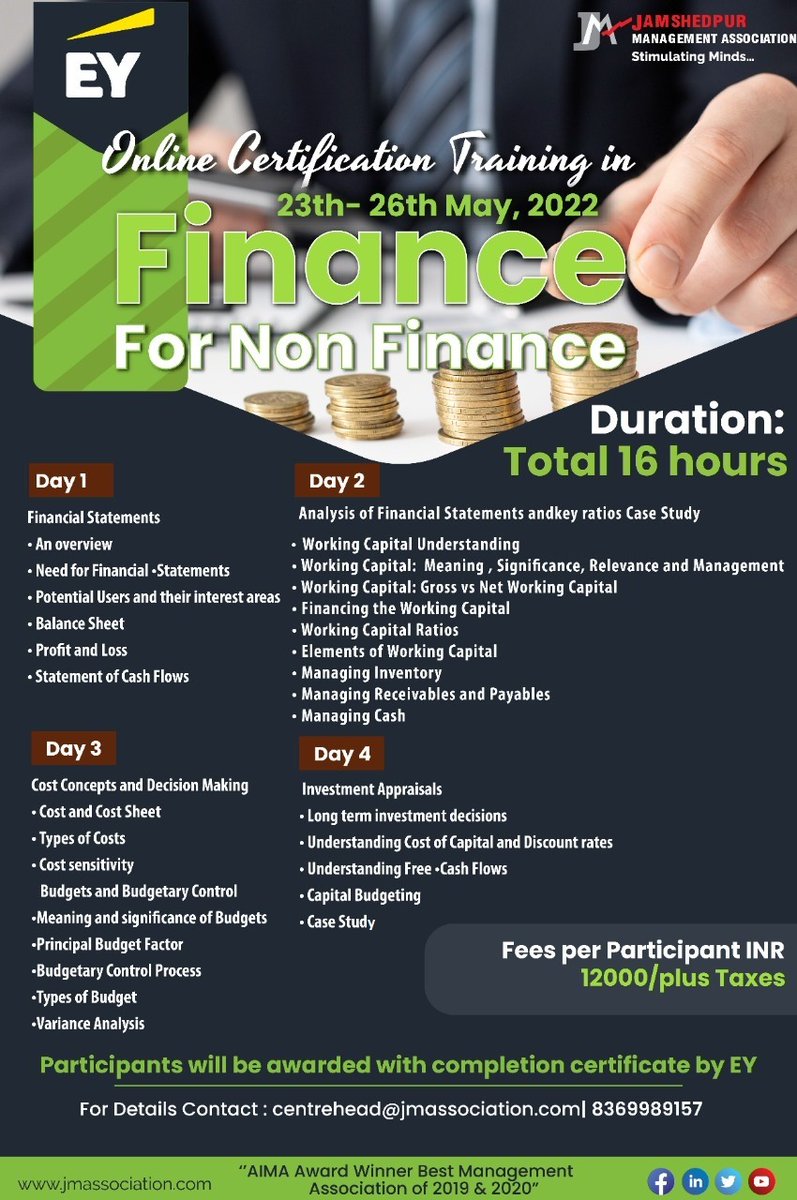 jsrjma's tweet photo. JMA with EY Learning Solutions India has brought 16 hours of certification training in Finance for Non-Finance Background. To enroll write us at  centrehead@jmassociation.com or call us at 8369989157 https://t.co/MnUV9H2QGh