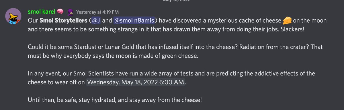 mikelauofficial's tweet photo. 📚 SMOL STORY EVENT 📚

Addictive moon cheese has temporarily halted our Smol storytellers @Dysto1911 &amp; @n8amis1 from their job 🧀

Visit the @SmolBrainsNFT discord at 6am PST today and take part in an exciting journey that determines the fate of Smols 🌕

EEEEEEEEEEEEEEEEE ❤️♻️ https://t.co/d7joCjd5vw