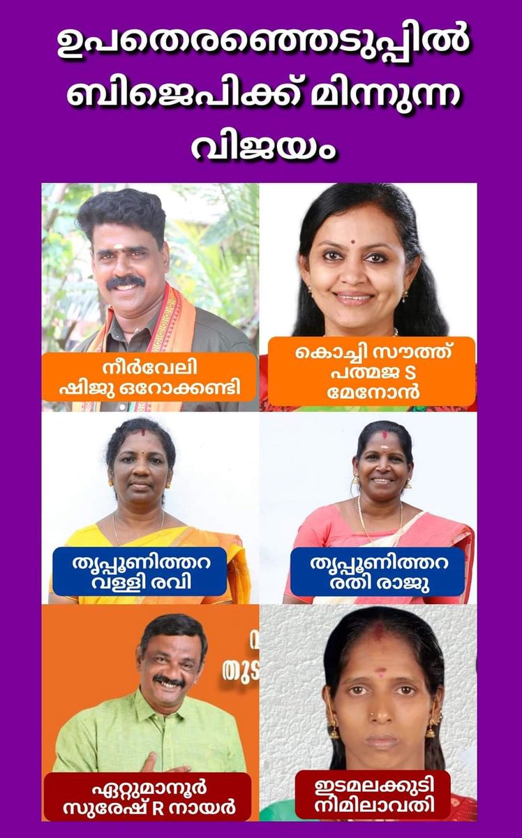 AneeshkumarKK2's tweet photo. #ഉപതെരഞ്ഞെടുപ്പിൽ_ബിജെപി_വിജയിച്ച_വാർഡുകൾ....
1.തൃപ്പൂണിത്തുറ- പിഷാരി കോവിൽ 
2.തൃപ്പൂണിത്തുറ- എളമനത്തോപ്പ് 
3.ഇടമലക്കുടി -  ആണ്ടവൻകുടി 
4.ഏറ്റുമാനൂർ - അമ���പലം വാർഡ് 
5.കണ്ണൂർ - മാങ്ങാട്ടിടം നീർവേലി 
6.കൊച്ചി കോർപ്പറേഷൻ - സൗത്ത് https://t.co/x2iwy5ZOIn