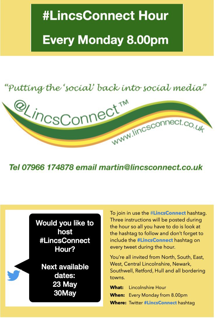 LincsConnect's tweet photo. We have some dates for the #LincsConnect Hour (May &amp; June) hosts so if you would like to host an hour please DM me https://t.co/ta4HnRBXXA