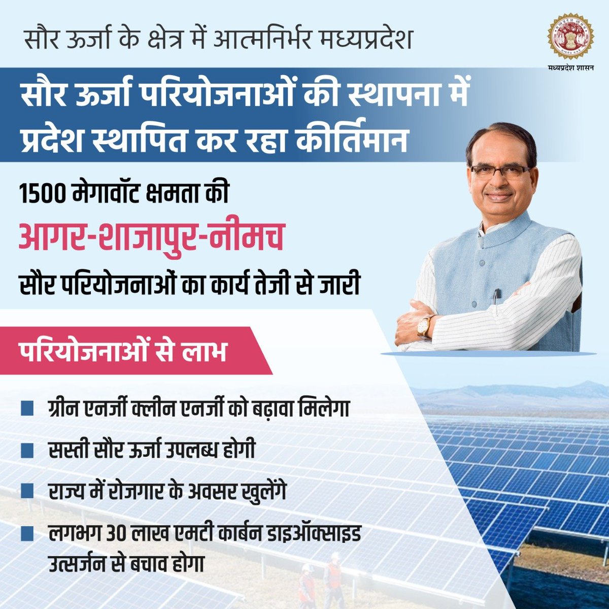 NewenergyMp's tweet photo. सौर ऊर्जा परियोजनाओं की स्थापना में प्रदेश स्थापित कर रहा कीर्तिमान
@HardeepDang226
#MPKaPowerSolar
#JansamparkMP https://t.co/AfO3xfLG4c