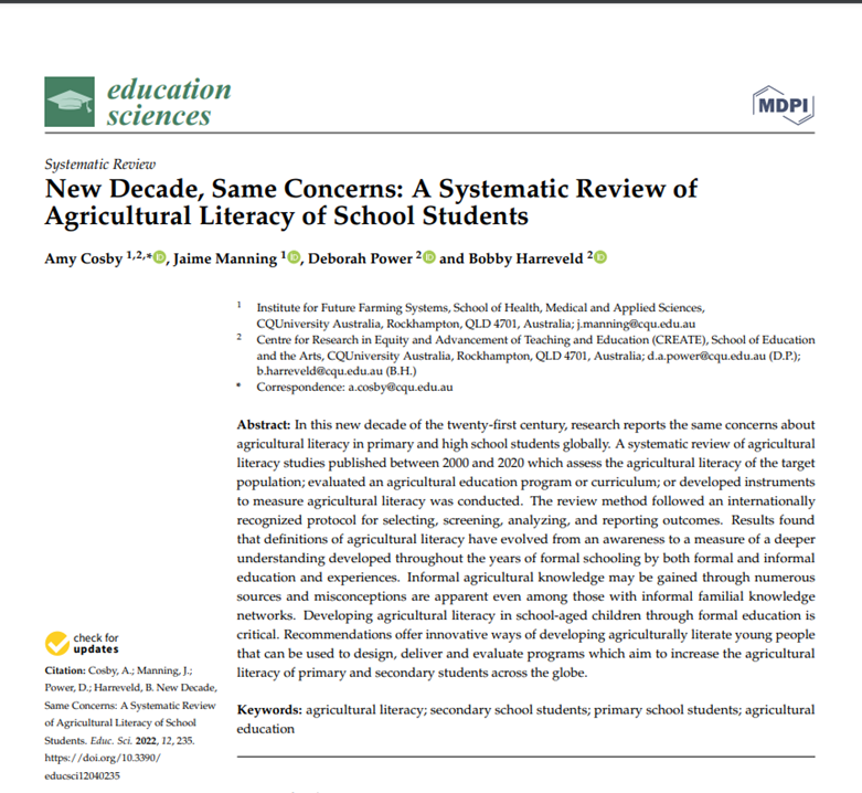 🚨 The team have a new research publication out, authored by Dr Amy Cosby, @_JaimeManning, Deborah Power, and Prof. Bobby Harreveld

New Decade, Same Concerns: A Systematic Review of Agricultural Literacy of School Students mdpi.com/1556820 #mdpieducation via @EducSci_MDPI