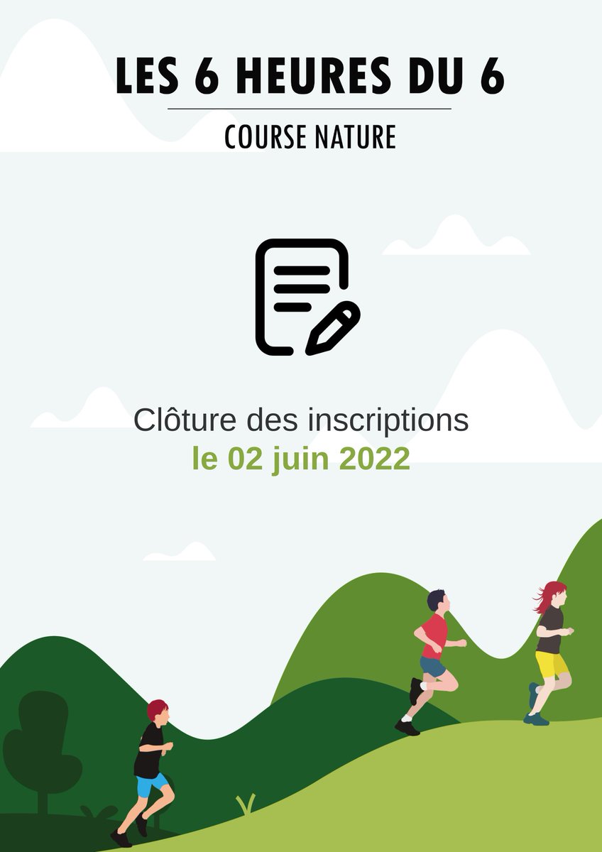 6eRMAT's tweet photo. Plus que 15 jours pour s'inscrire à la course "Les 6 heures du 6" ! 
Ami(e)s coureurs n'hésitez pas à venir participer pour les blessés des armées. 💪🏃‍♂️
Pour s'inscrire : https://t.co/aIK4cmvddF

#AvecNosBlessés #6heuresdu6 #6hdu6 #6rmat #coursenature #course #cohésion https://t.co/1NRjn7ghhy