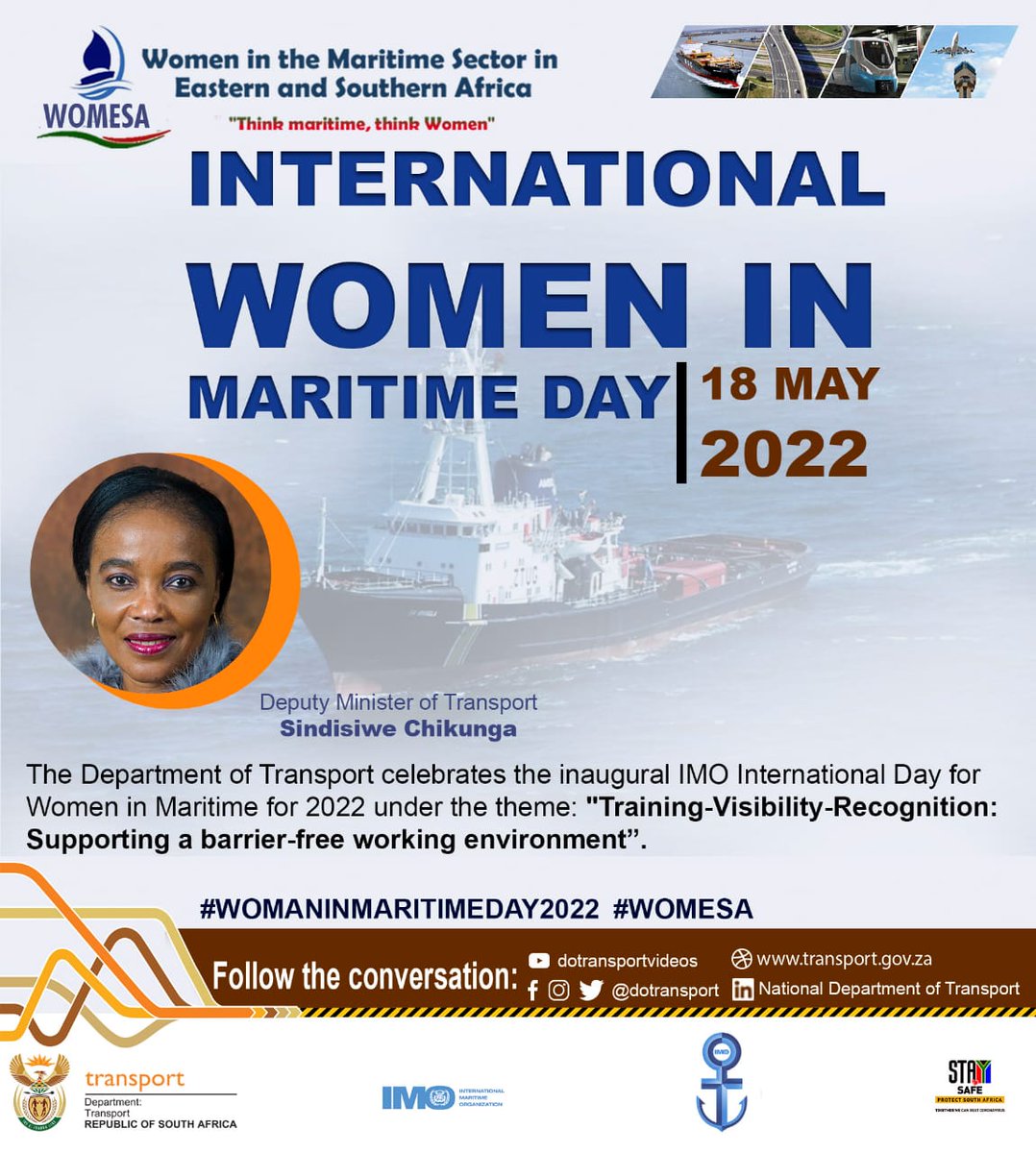 Dotransport's tweet photo. Today is International Women in Maritime Day 2022. @Dotransport celebrates the inaugural IMO international day for women #WomanInMaritime2022 #Womesa @OfficialSACAA @ATNSSA https://t.co/kyLJxSz0o9