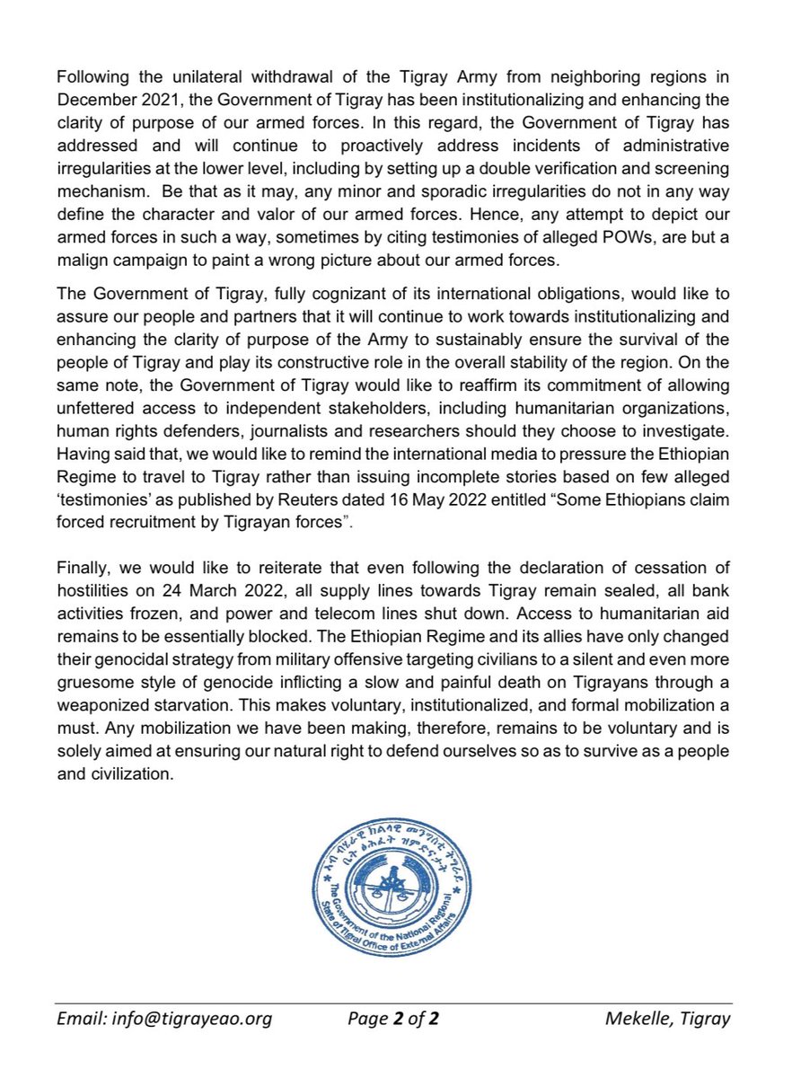 Kassa HaileMariam (@kassahmariam) on Twitter photo Government of Tigray External Affairs Statement on outrageous and coordinated allegations of forceful mobilization in Tigray <a href="/khoureld/">Katharine Houreld</a> <a href="/giuliaparavicin/">giulia paravicini</a> <a href="/Reuters/">Reuters</a> <a href="/ReutersAfrica/">Reuters Africa</a> <a href="/RepGregoryMeeks/">Rep. Gregory Meeks</a> <a href="/JosepBorrellF/">Josep Borrell Fontelles</a> <a href="/SenatorMenendez/">Senator Bob Menendez</a> <a href="/ChrisCoons/">Senator Chris Coons</a> <a href="/PowerUSAID/">Samantha Power</a> <a href="/USAmbUN/">U.S. Ambassador to the United Nations</a> <a href="/SecBlinken/">Secretary Antony Blinken</a> Government of Tigray External Affairs Statement on outrageous and coordinated allegations of forceful mobilization in Tigray <a href="/khoureld/">Katharine Houreld</a> <a href="/giuliaparavicin/">giulia paravicini</a> <a href="/Reuters/">Reuters</a> <a href="/ReutersAfrica/">Reuters Africa</a> <a href="/RepGregoryMeeks/">Rep. Gregory Meeks</a> <a href="/JosepBorrellF/">Josep Borrell Fontelles</a> <a href="/SenatorMenendez/">Senator Bob Menendez</a> <a href="/ChrisCoons/">Senator Chris Coons</a> <a href="/PowerUSAID/">Samantha Power</a> <a href="/USAmbUN/">U.S. Ambassador to the United Nations</a> <a href="/SecBlinken/">Secretary Antony Blinken</a>
