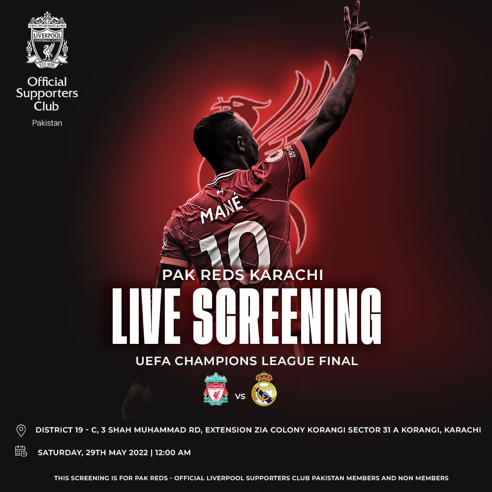 Karachi Reds.. Book your tickets now for the biggest screening of our season. Liverpool vs Real Madrid - Champions League Final! 🕖 Saturday, 28th May, 10:30 PM 🎟️ Ticket Price to Register= 1000 PKR Details: m.facebook.com/story.php?stor…