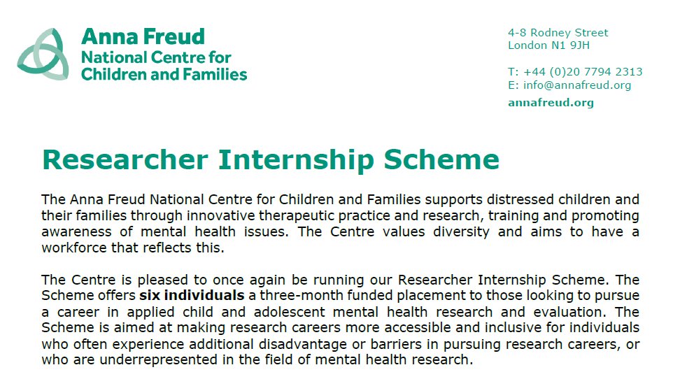 annafreuduk's tweet photo. Are you interested in a career in research? Our researcher internship is accepting applications! The scheme is open to individuals from minoritised ethnic groups &amp; individuals who have lived experience of #mentalhealth difficulties. Find out more &amp; apply👉https://t.co/HIqyHEtLso https://t.co/6pYxyOVqbE