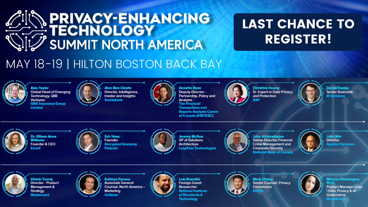 SecurityRisk0's tweet photo. Last chance to join the PETs ecosystem at the Privacy-Enhancing Technology Summit North America!
Register here: https://t.co/hj62f2EJNn
#PETs #PETSummit #SPC #HomomorphicEncryption #FHE #ConfidentialComputing #SyntheticData #FederatedLearning #MPC #HardwareAcceleration #ZKP https://t.co/NX4Gy1gkVS