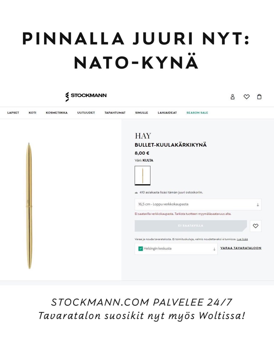 Pinnalla juuri nyt: Kynä, jolla NATO-sopimus allekirjoitettiin ✍️ Kyseessä on asiakkaidemme suosikkibrändi HAYn valmistama Bullet-kynä, joka myytiin loppuun hetkessä. Selvittelemme parhaillaan, koska kyniä on tulossa lisää myyntiin. Stay tuned!