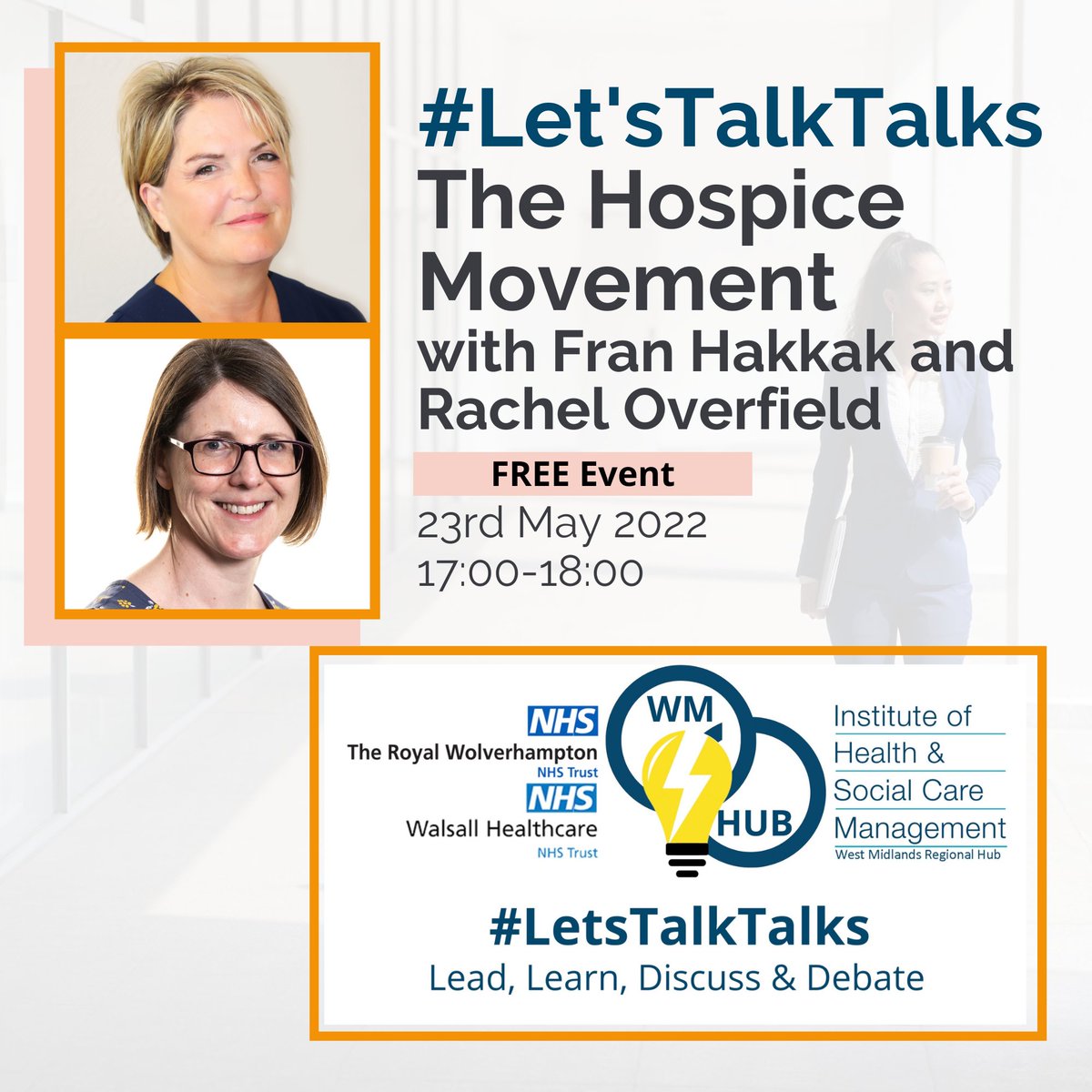 IHM_tweets's tweet photo. Join our #LetsTalkTalks event 23rd May 5pm.
Fran Hakkak & Rachel Overfield will discuss 'The Hospice Movement'. Services and development of services, their work with compassionate communities & lots more!
Register: https://t.co/DdFUKCHFtl
@RWT_NHS @WalsallHcareNHS https://t.co/lyBGE0tz99