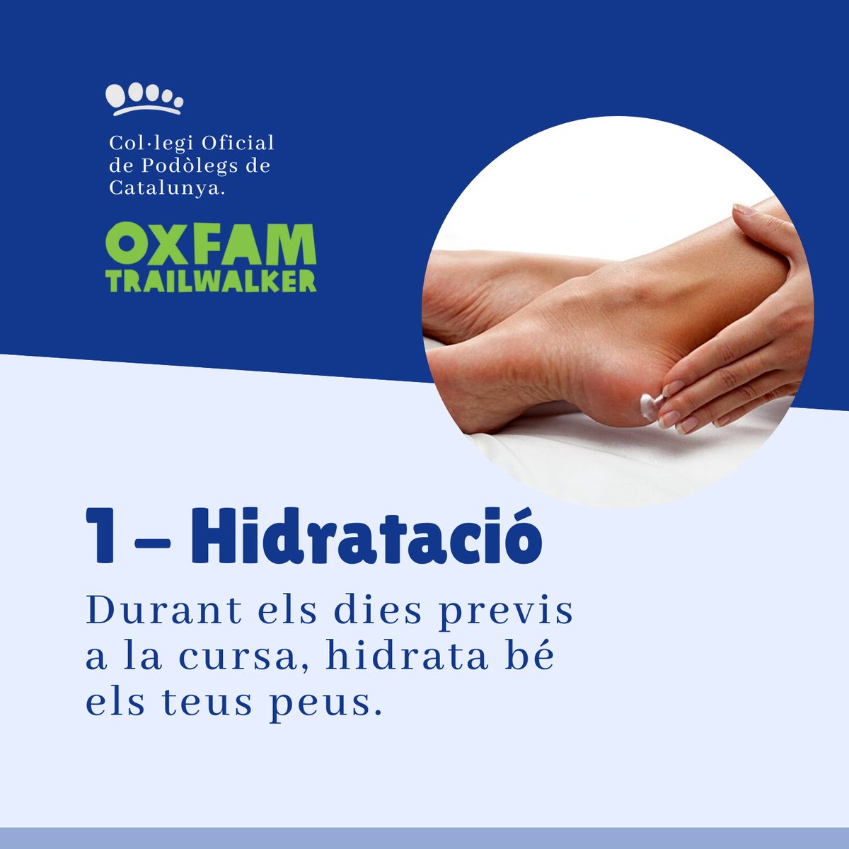 CollegiPodolegs's tweet photo. ☀️🔥 Les temperatures tocaran sostre entre dissabte i diumenge ⚠️ Si feu la @OITrailwalker, atents a aquests 2 consells importantíssims:

1️⃣ Durant els dies previs a la cursa, hidrata bé els teus peus.
2️⃣ El mateix dia de la cursa, abans de sortir, lubrica els teus peus. https://t.co/wGw6tWbtaR