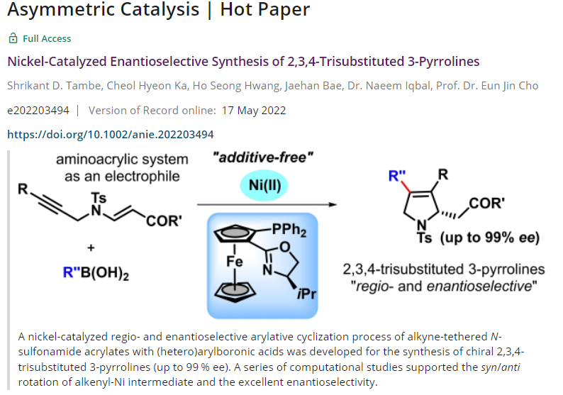 Naeem_384's tweet photo. Asymmetric Catalysis | Hot Paper, @ACIE as corresponding author.
Nickel-Catalyzed Enantioselective Synthesis of 2,3,4-Trisubstituted 3-Pyrrolines
https://t.co/M5ExQ7iZ63 https://t.co/7qr0Vhgy6H