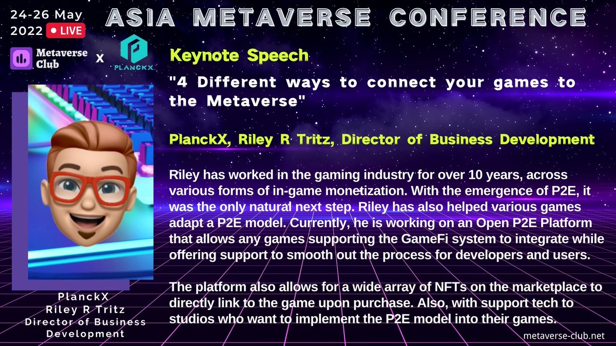 Metaverse_C1ub's tweet image. 📌#TopicPreview "4 Different ways to connect your games to the Metaverse"

✨✨✨
Speaker: 
@Planck__X ,#RileyRTritz,Director of Business Development

📅 Date: May 24- May 26 2022 ⏰

🚀 Ticket: lb.benchmarkemail.com//listbuilder/s…

📖 More Info: metaverse-club.net

#Metaverse
