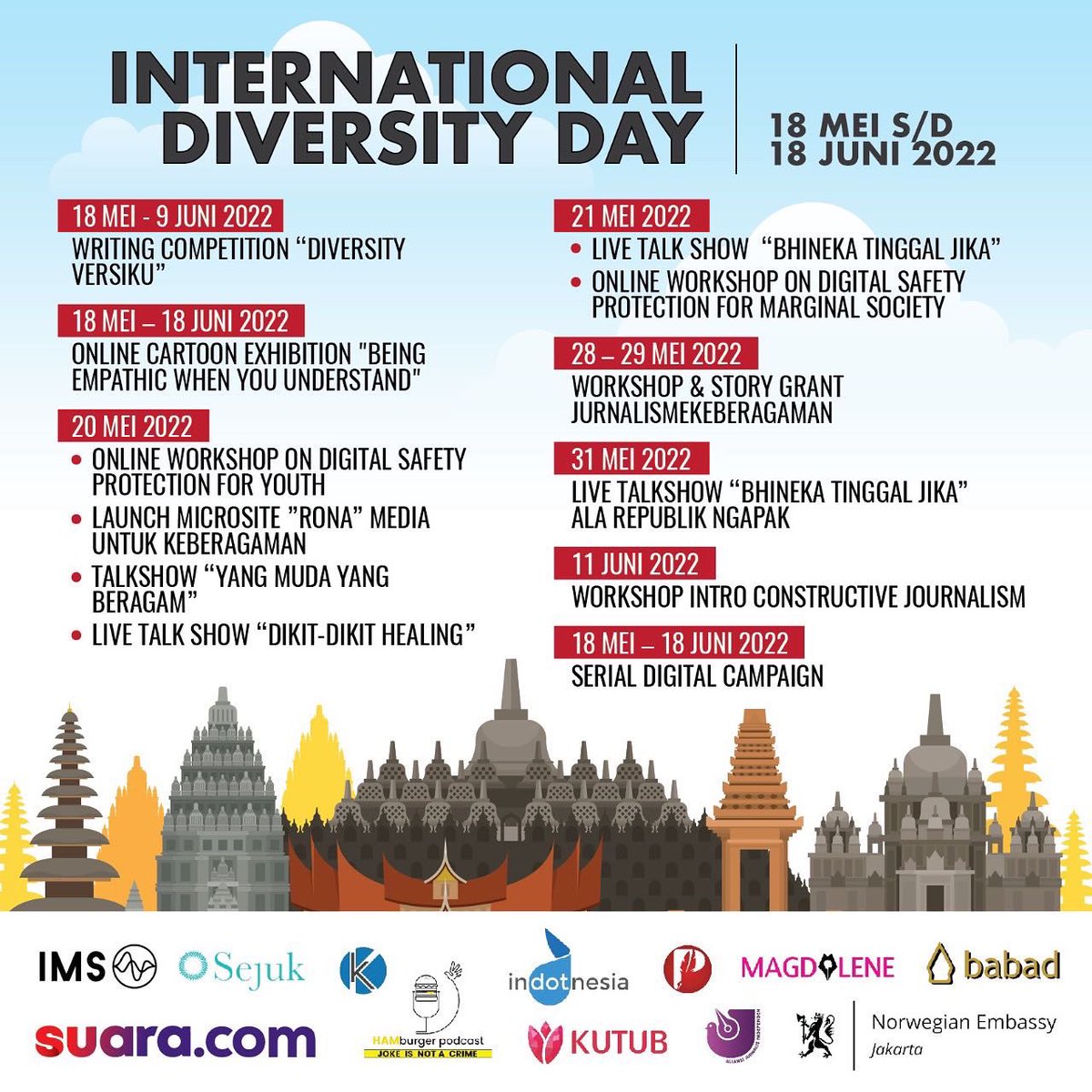 Tahun 2002, PBB mendeklarasikan 21 Mei sebagai hari Keanekaragaman Budaya Sedunia untuk Dialog dan Pembangunan atas dasar Universal Declaration on Cultural Diversity yang diadopsi UNESCO (2001).

#DiversityDay2022 #JadiEmpatiKalauNgerti 
#BeingEmpathicWhenUnderstand