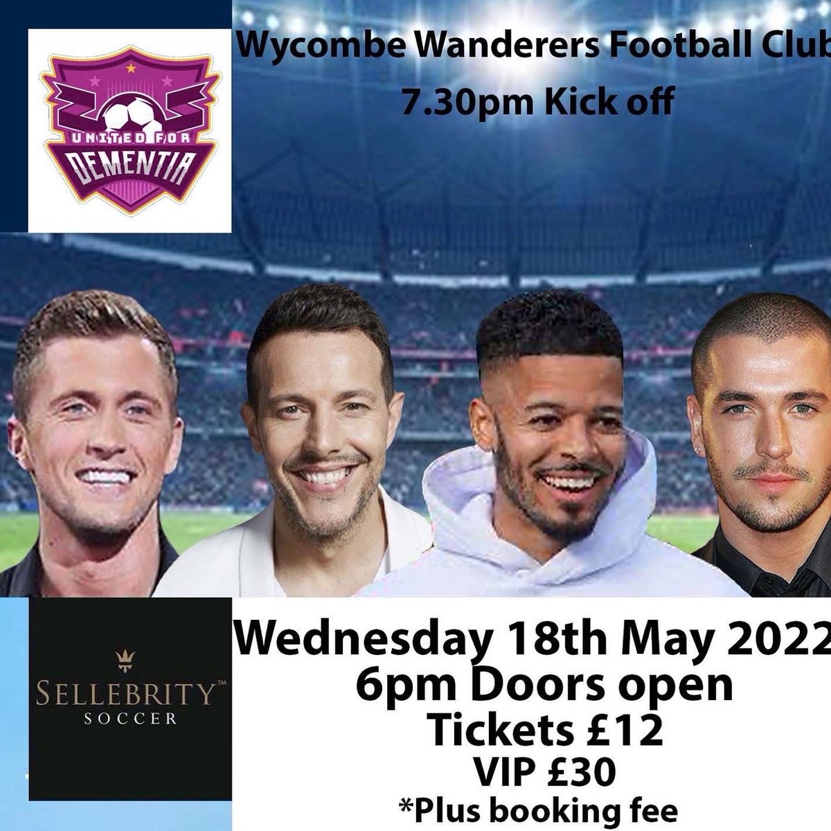 Sellebrity_UK's tweet image. 📆 TONIGHT - 7.30PM
📆 DOORS OPEN 6PM
📍Wycombe Wanderers FC 

Tickets still on sale for our celebrity football match at @wwfcofficial raising funds for @united4dementia 

You can also pay on the turnstiles from 6pm

👇👇
Sellebritysoccer.org.uk