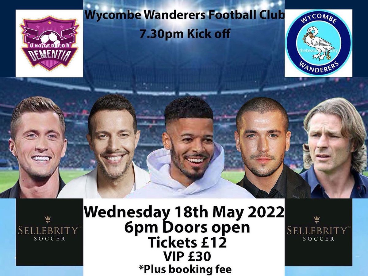 Sellebrity_UK's tweet image. 📆 TONIGHT - 7.30PM
📆 DOORS OPEN 6PM
📍Wycombe Wanderers FC 

Tickets still on sale for our celebrity football match at @wwfcofficial raising funds for @united4dementia 

You can also pay on the turnstiles from 6pm

👇👇
Sellebritysoccer.org.uk