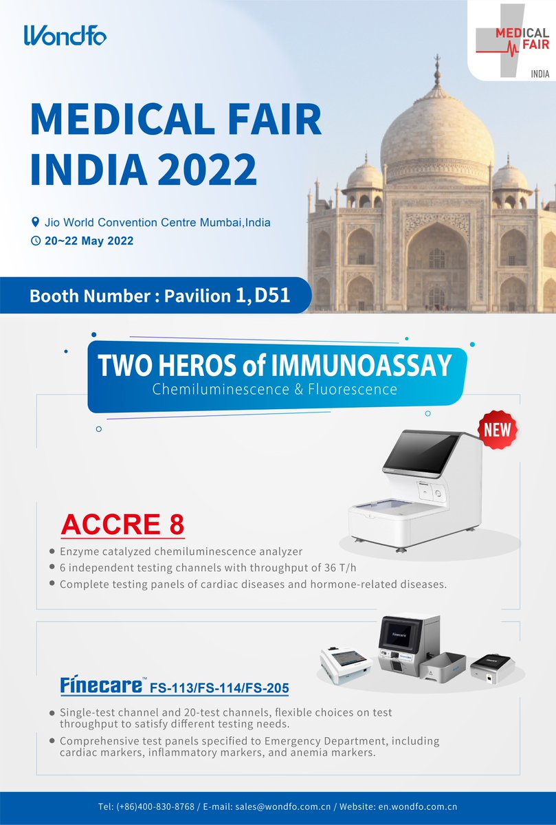 Two Days Ahead! We can't wait to share you our Two Heroes of #Immunoassay: Accre PoC CLIA System&Finecare FIA Meters. In #MEDICALFAIRINDIA2022 during May 20-22, Wondfo wait for your visit at pavilion 1, D51
Make an appointment with us:en.wondfo.com.cn/contact/lyb.ht…
#POCT #IVD #FIA #CLIA