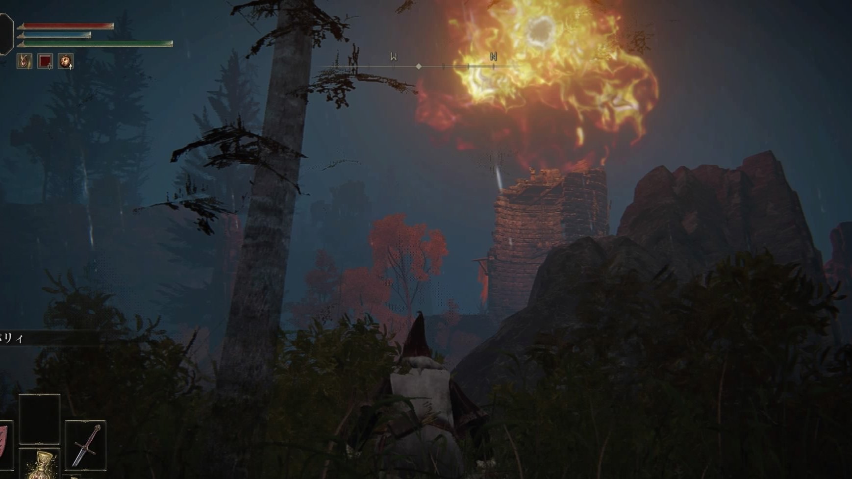 O Ps4エルデンリング Elden Ring まったり日目 2 クリア予想300日 壊れた大昇降機のそばで 武器を拾ってから 南下したらブラボに似た演出あった発狂エリアへ 茂みに隠れながら なんとか塔に近づき 屋上の発狂原因の敵6体を撃破 塔の中間付近の