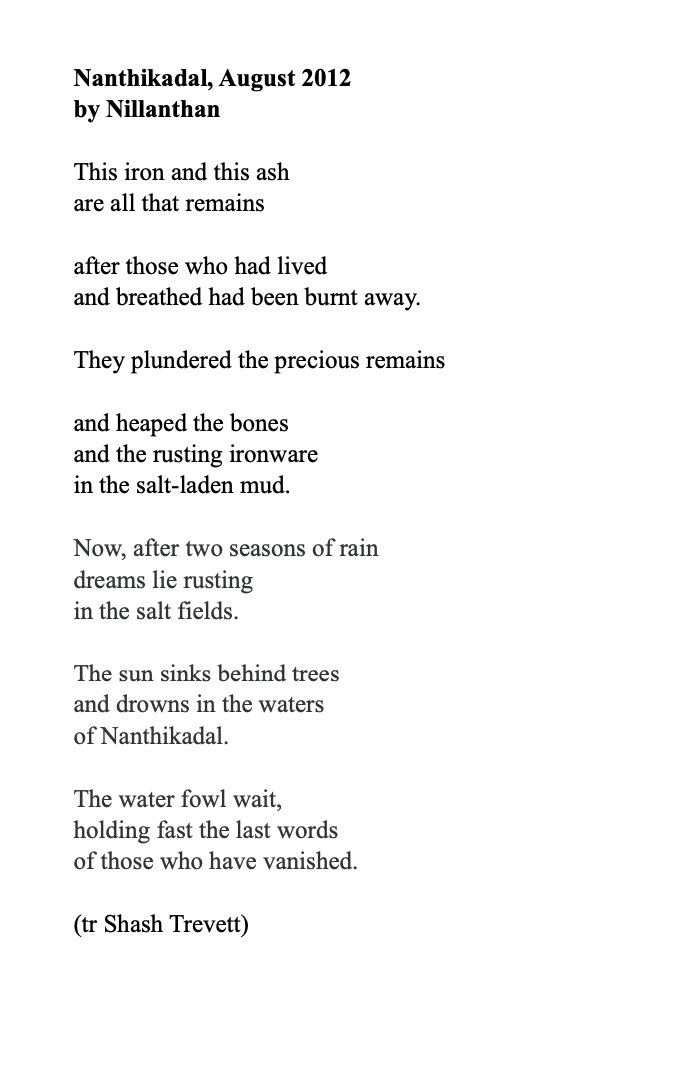 Remembering with sadness, the 1000s of innocent men, women and children who were massacred by the banks of Nandikadal Lagoon at the end of the war in SriLka. #Mullivaikkal #TamilDayofRemembrance

Here is a poem by Tamil poet Nillanthan marking the event. Translated by me.