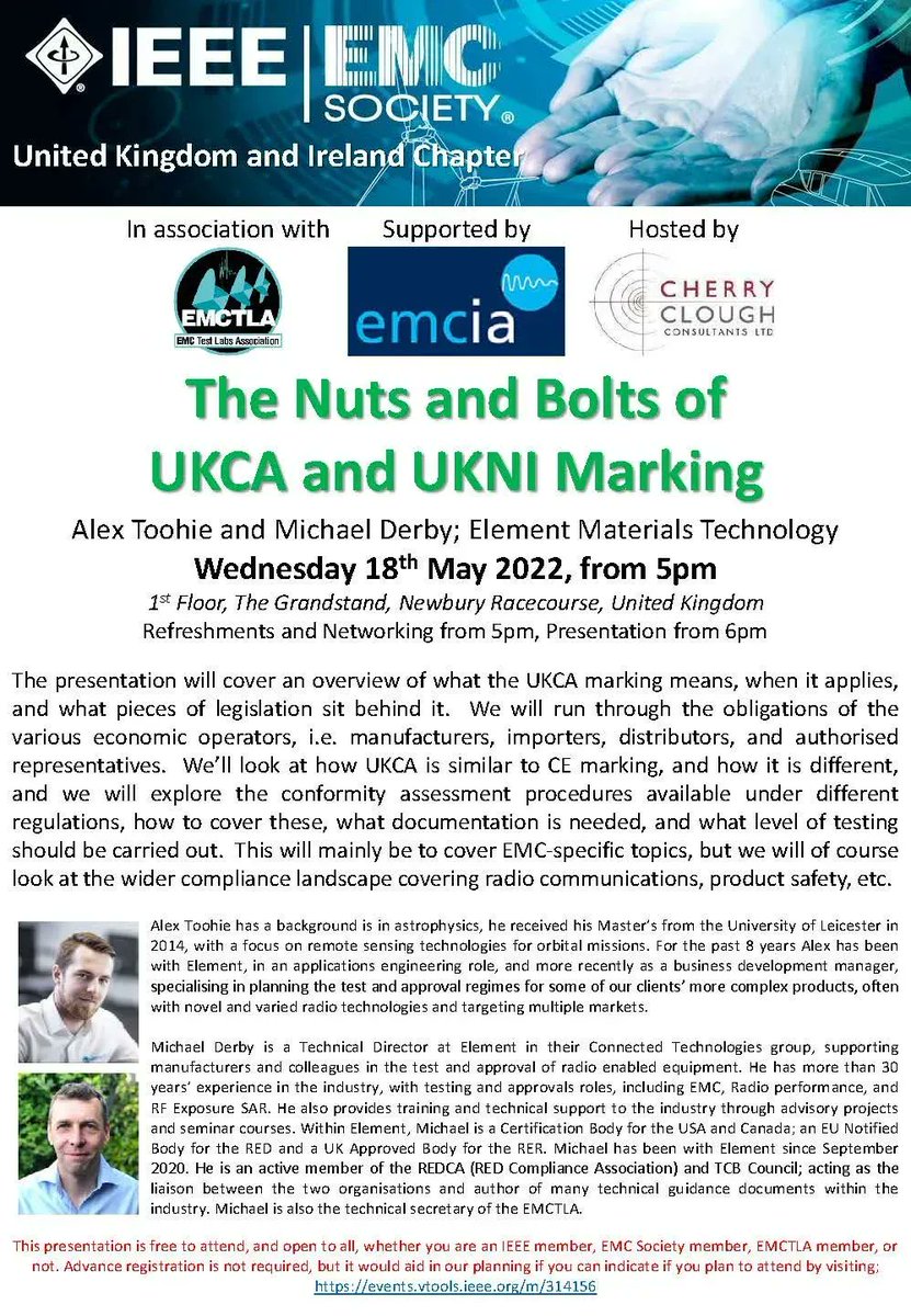 EMC and Compliance International event in Newbury, there is a free event hosted by EMCandCI and organised by the IEEE EMC Society’s UK &amp; Northern Ireland Chapter. 
5pm on Wednesday 18th May at Newbury Race Course in the Workshops area, Grandstand. #EMCUK
buff.ly/38AqDZv