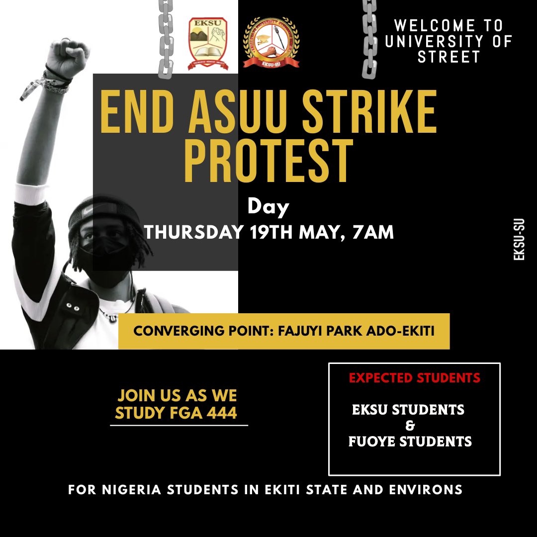 AladeEmmanuel01's tweet photo. Clarion call to all eksuites and the entire Ekiti state students to come out tomorrow for a peaceful demonstration at Fajuyi park, Ado Ekiti 7:00am #ASUU #EndASUUStrikeNow #EndASUUStrike #NANS #NAUS #AkureProtest https://t.co/nArMmzABEk