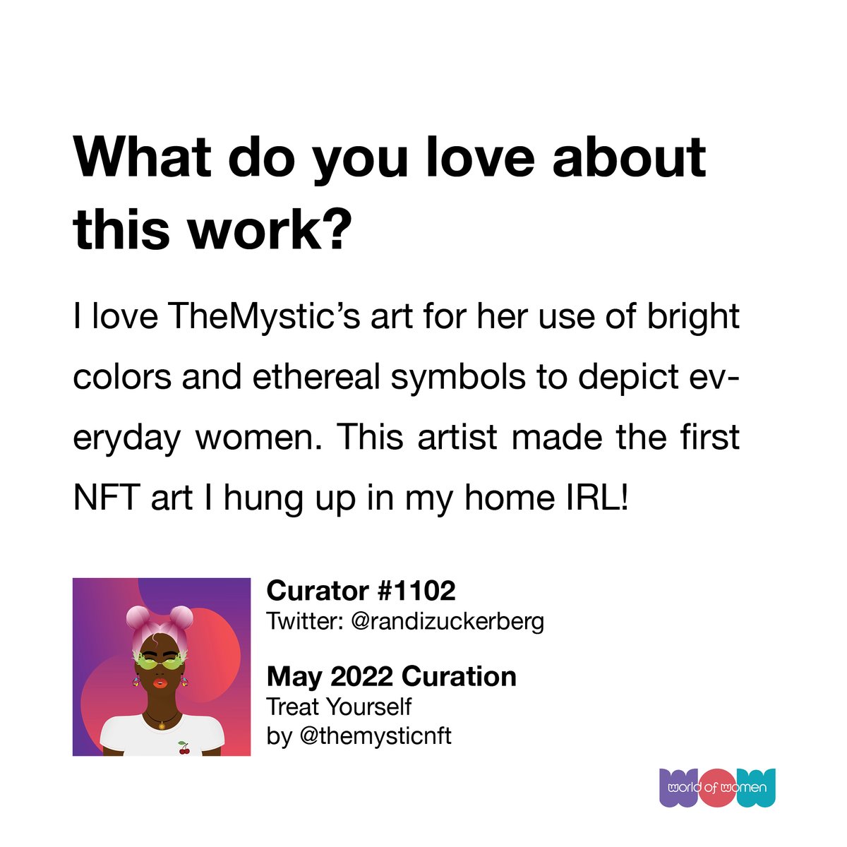 worldofwomenxyz's tweet photo. 🖼 WoWFund May curation 🖼

We acquired "Treat Yourself" by @themysticnft, curated by @randizuckerberg 🙌

“Indulging yourself in all the goodness the universe has to offer. Not scared to take what you want, when you want it […]”✨ https://t.co/s1SXMpbgbR