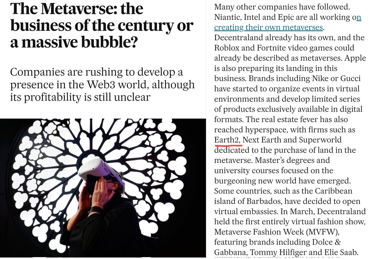 Spanish Newspaper <a href="/elpaisinenglish/">El País English Edition</a> mentions Earth2 on their latest article about the Metaverse. #Earth2 #Metaverse #Web3 #NFT