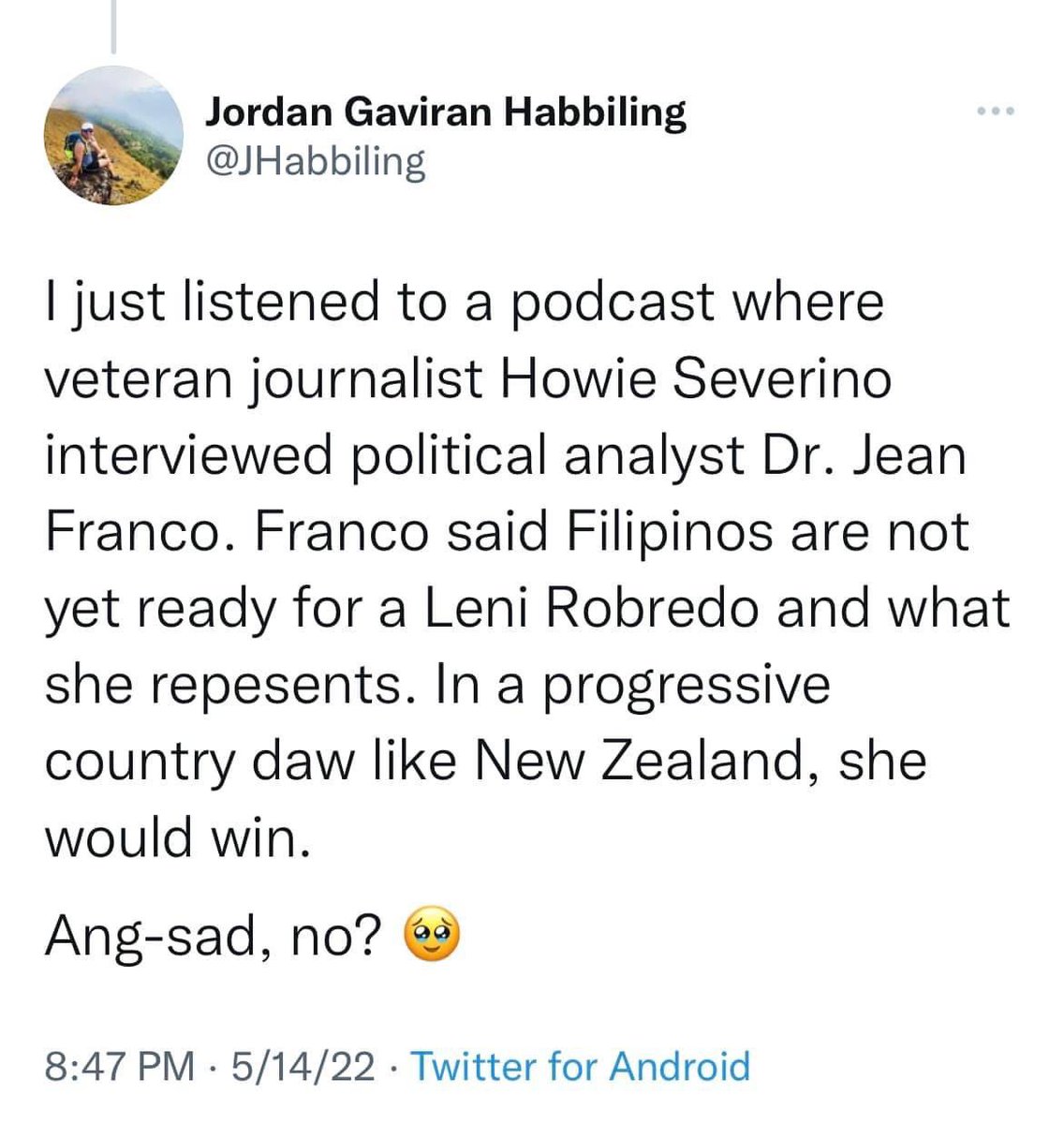 normanagleron's tweet photo. It is sad. The Philippines is not ready for a President Leni Robredo. https://t.co/tJg7HGNV5i