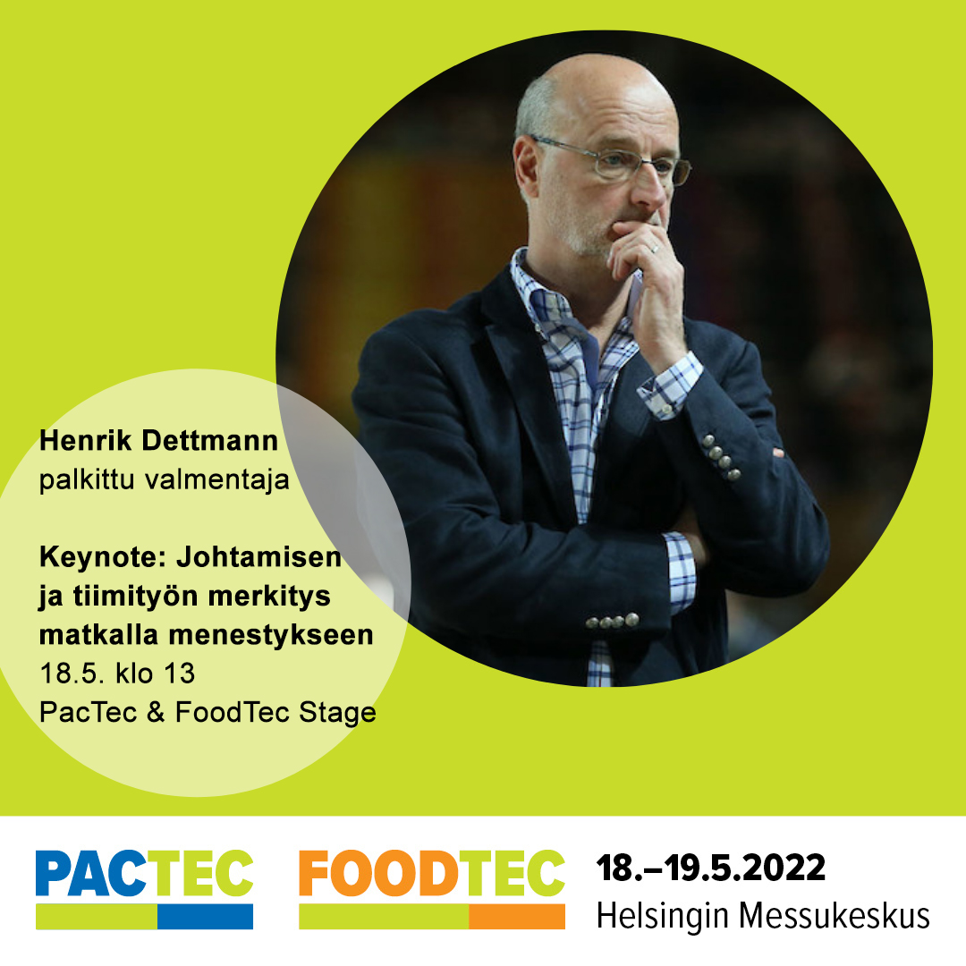 ⭐ Päivän keynote-puheenvuorosta vastaa Suomen koripallomaajoukkueen, Susijengin, entinen päävalmentaja Henrik Dettmann.

Tervetuloa kuulemaan Dettmannin puheenvuoro johtamisen ja tiimityön merkityksestä matkalla menestykseen.

#PacTec2022 #FoodTec2022 #PlastExpo2022