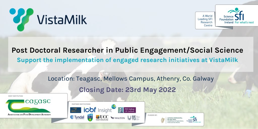 VistaMilk Research Ireland Centre (@vistamilk) on Twitter photo 🚨 🚨 We’re hiring!! 🚨 🚨 Don’t miss out on this exciting opportunity to join our team to design, develop and deliver #engaged research at <a href="/teagasc/">Teagasc</a> VistaMilk. Full job description here topjobs-teagasc.thehirelab.com/LiveJobs/JobAp… @scienceirel <a href="/agriculture_ie/">Dept of Agriculture, Food and the Marine</a> <a href="/aineregan/">Aine Regan</a> <a href="/Eimear_Ferguson/">Eimear Ferguson</a> 🚨 🚨 We’re hiring!! 🚨 🚨 Don’t miss out on this exciting opportunity to join our team to design, develop and deliver #engaged research at <a href="/teagasc/">Teagasc</a> VistaMilk. Full job description here topjobs-teagasc.thehirelab.com/LiveJobs/JobAp… @scienceirel <a href="/agriculture_ie/">Dept of Agriculture, Food and the Marine</a> <a href="/aineregan/">Aine Regan</a> <a href="/Eimear_Ferguson/">Eimear Ferguson</a>