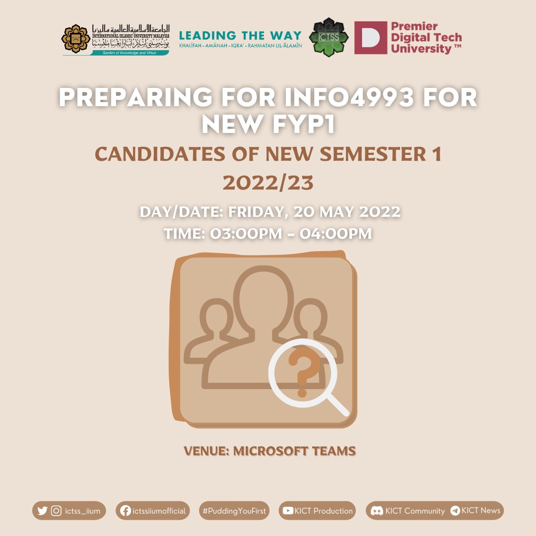 ictss_iium's tweet photo. [ INFO 4994 - SEMESTER 1 22/23 BIT FYP INFORMATION ]

Assalamu'alaikum ICTzens ✨

We are delighted to spread good news from our co-ordinators and guide new FYP students planning to register the course INFO 4993 at Semester 1 2022/2023 this year. https://t.co/lrvGDc2uYE