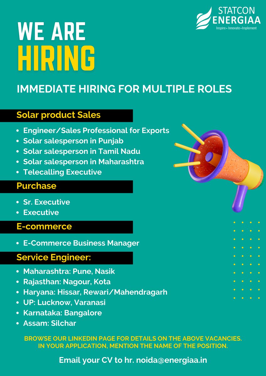 StatconEnergiaa's tweet photo. Hiring across multiple roles!
Browse our LinkedIn page for details on these vacancies. Apply today!
#SalesJobs #PurchaseJobs #EngineeringJobs #ServicingJobs #ECommerceJobs #HiringNow #Vacancies #StatconEnergiaa https://t.co/IqVuBymEBS