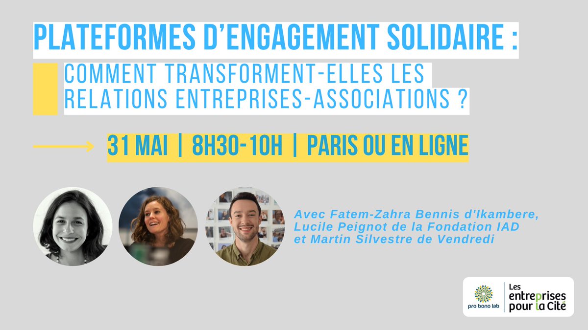 mécénova (@mecenova) on Twitter photo |Évènement| 🔜Plateformes d'#engagement #solidaire : comment transforment-elles les relations #entreprises-#associations ?
Participez à l'évènement organisé par <a href="/ProBonoLab/">Pro Bono Lab</a>
et @LepC_France !
📅31 mai | 8h30 - 10h
💻à Paris et en ligne
👉Inscriptions : bit.ly/3P3Arf6 |Évènement| 🔜Plateformes d'#engagement #solidaire : comment transforment-elles les relations #entreprises-#associations ?
Participez à l'évènement organisé par <a href="/ProBonoLab/">Pro Bono Lab</a>
et @LepC_France !
📅31 mai | 8h30 - 10h
💻à Paris et en ligne
👉Inscriptions : bit.ly/3P3Arf6