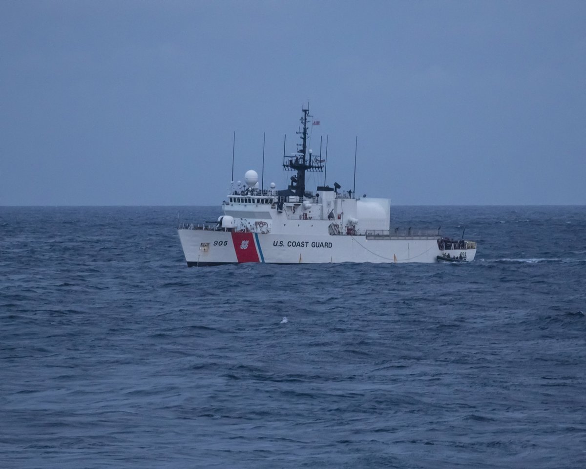 A US Coast Guard cutter on operations alongside RFA Argus in the Caribbean