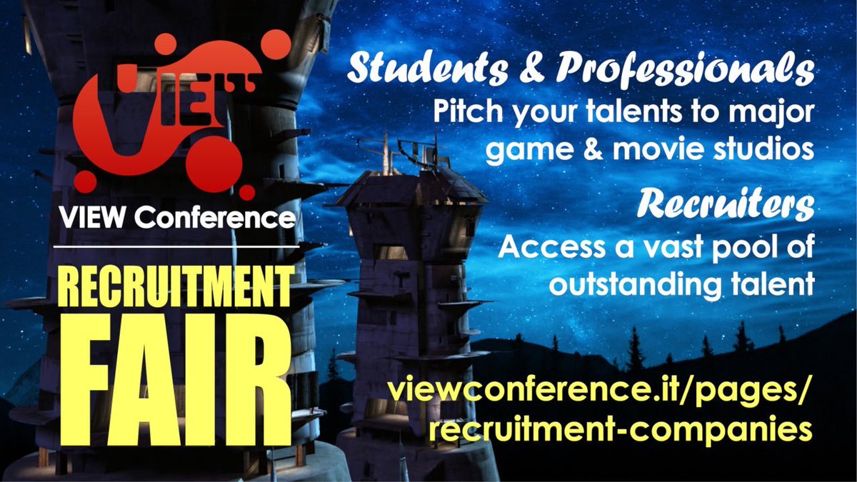 <a href="/ViewConference/">VIEW Conference</a> Recruitment Fair is here!

Access a vast pool of outstanding talent as students &amp; professionals pitch their ideas to the majors! Reserve your booth now!
viewconference.it/pages/recruitm…

#animation #vfx #games #recruitment #job #art #film #storytelling #gamedev #vr