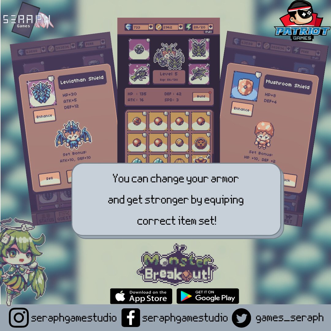 games_seraph's tweet photo. Collect all different item set every time you beat the monsters, and equip your favorite armor!
Monster Breakout is available on Android & IOS!
Download Now IOS : https://t.co/Q3RUHqxo0w
Android: https://t.co/uIVqHPVCh9
#monsterbreakout #seraphgames #pixelgame #patriotgames https://t.co/UKgnz0EW7a