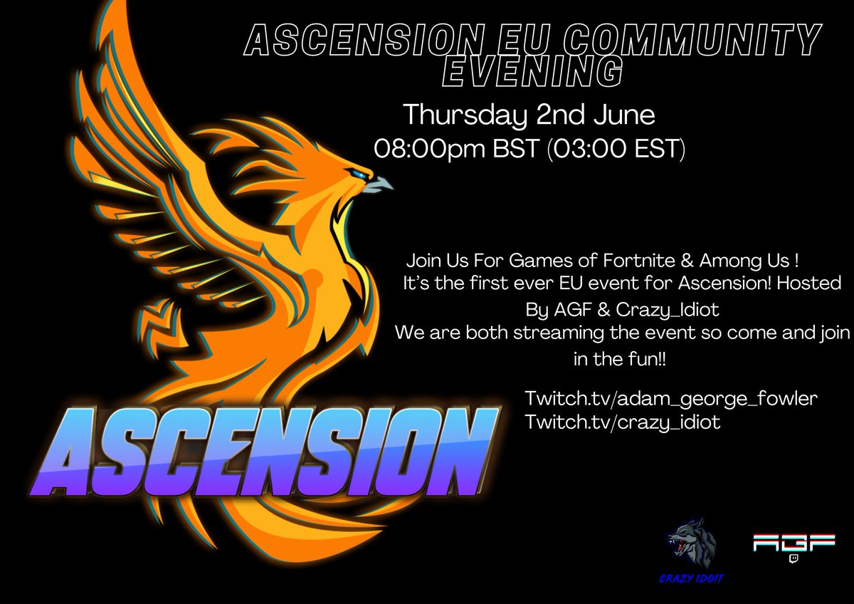 PlaysWithAdam's tweet photo. Presenting the first ever @AscensionGHQ EU Community Event! Join Myself & @CrazyIdoitTV for an evening of #fortnite & #amongus! Join us on Thursday 2nd June! At 8pm BST or 03:00pm EST!!
#twitch #twitchaffiliate #twitchcommunity #schedule #twitchuk #contentcreation #ascenderpost https://t.co/VQQ8vISKe4